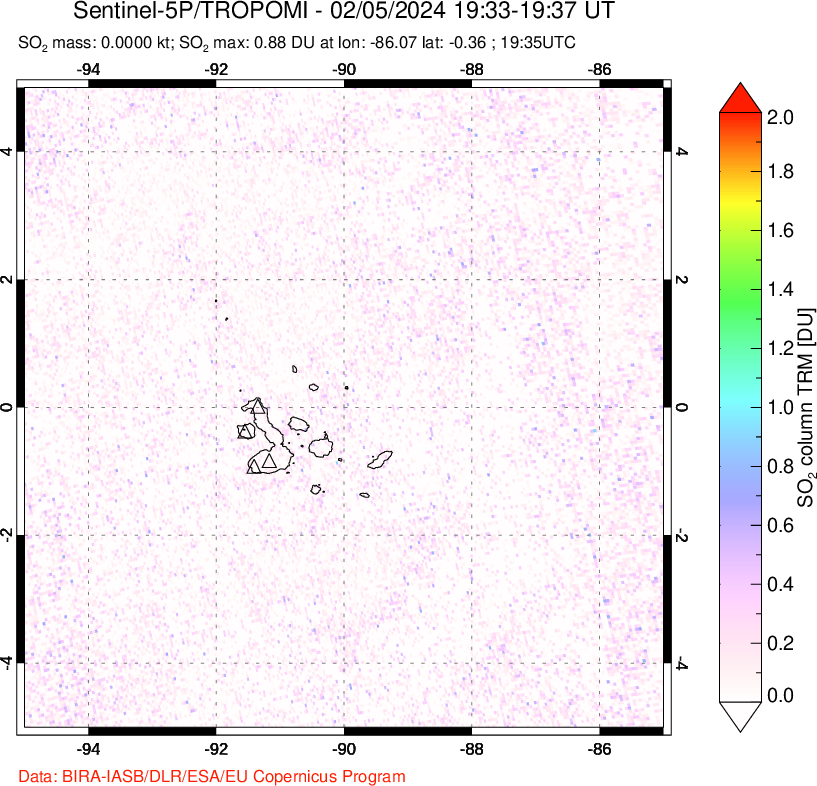 A sulfur dioxide image over Galápagos Islands on Feb 05, 2024.