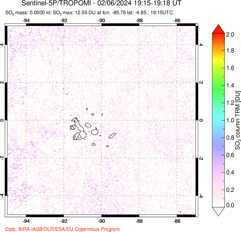 A sulfur dioxide image over Galápagos Islands on Feb 06, 2024.