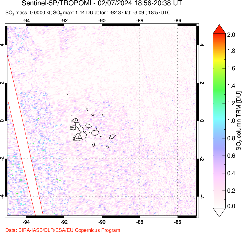 A sulfur dioxide image over Galápagos Islands on Feb 07, 2024.