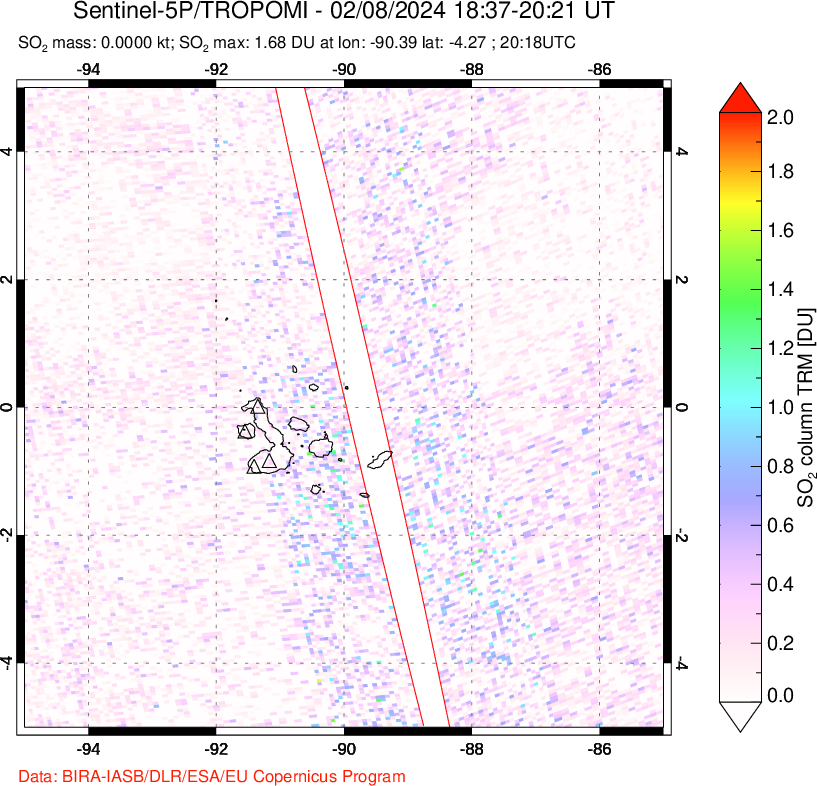 A sulfur dioxide image over Galápagos Islands on Feb 08, 2024.