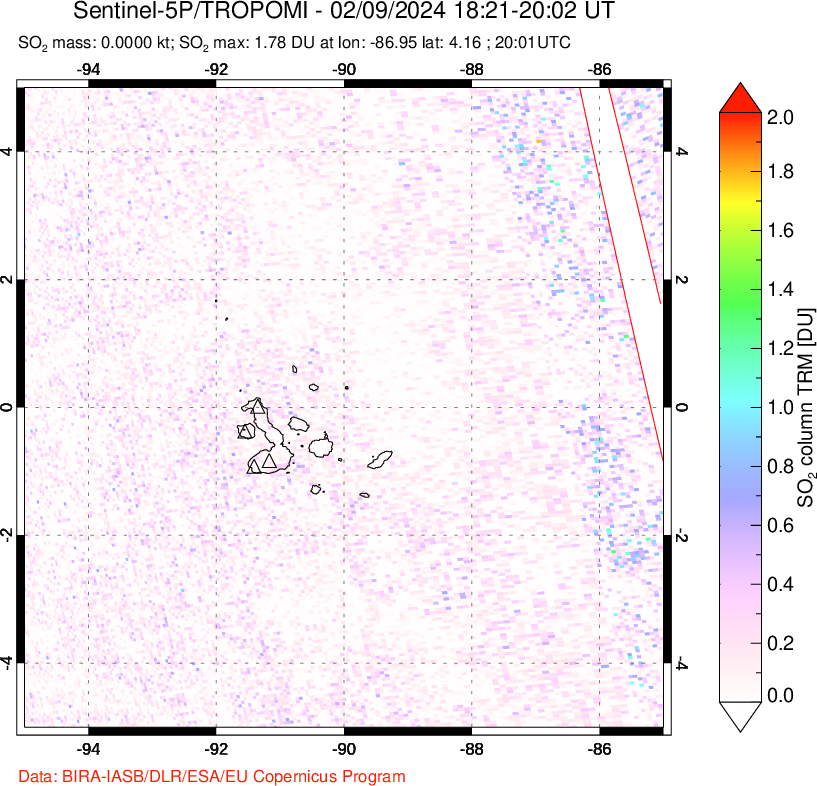 A sulfur dioxide image over Galápagos Islands on Feb 09, 2024.