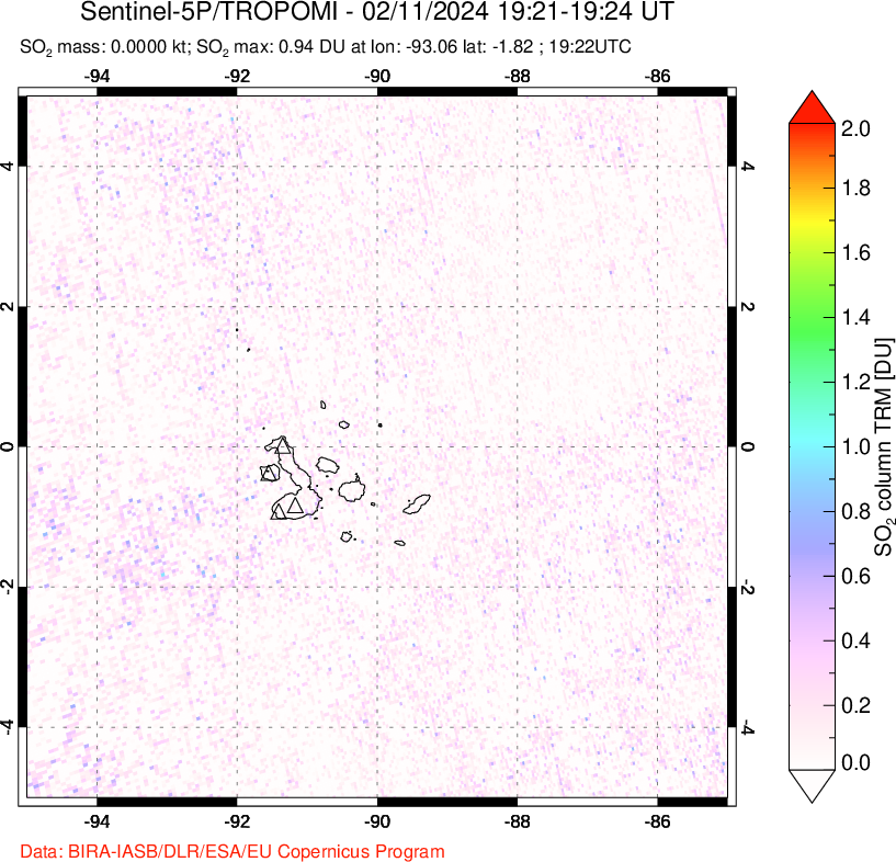 A sulfur dioxide image over Galápagos Islands on Feb 11, 2024.