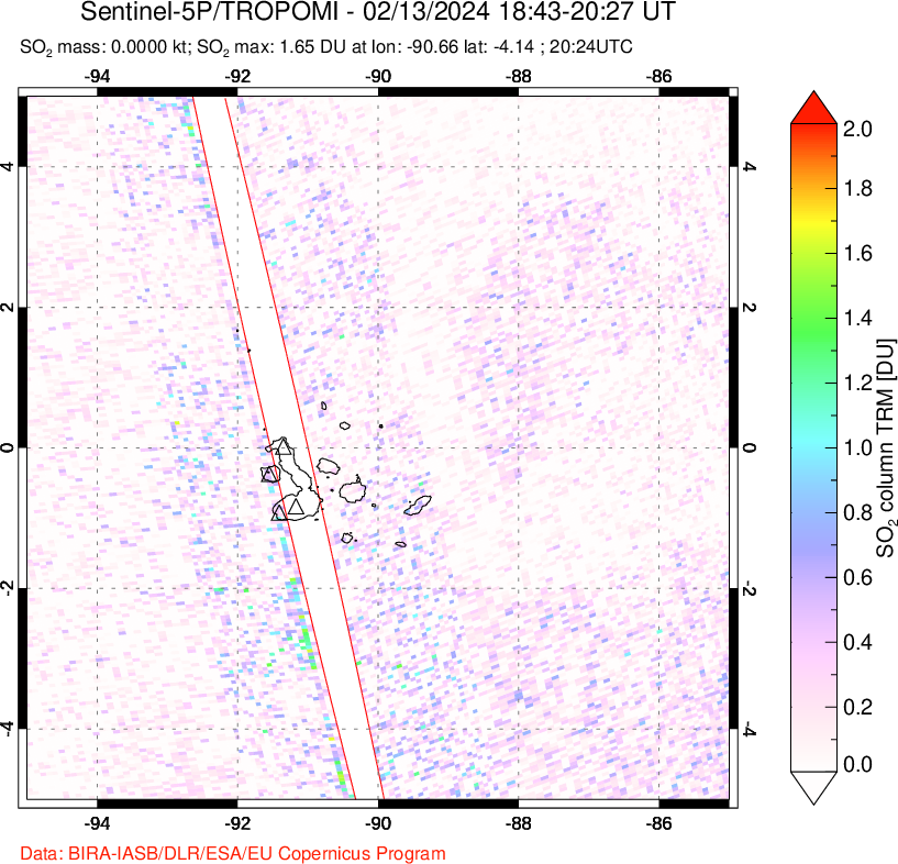 A sulfur dioxide image over Galápagos Islands on Feb 13, 2024.