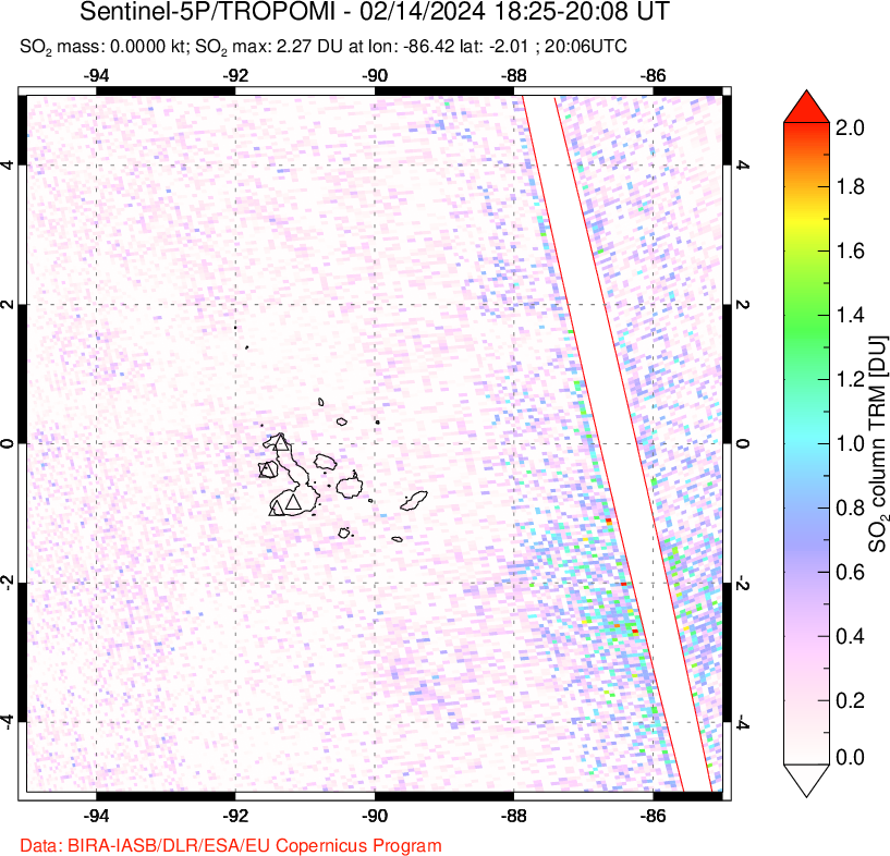 A sulfur dioxide image over Galápagos Islands on Feb 14, 2024.