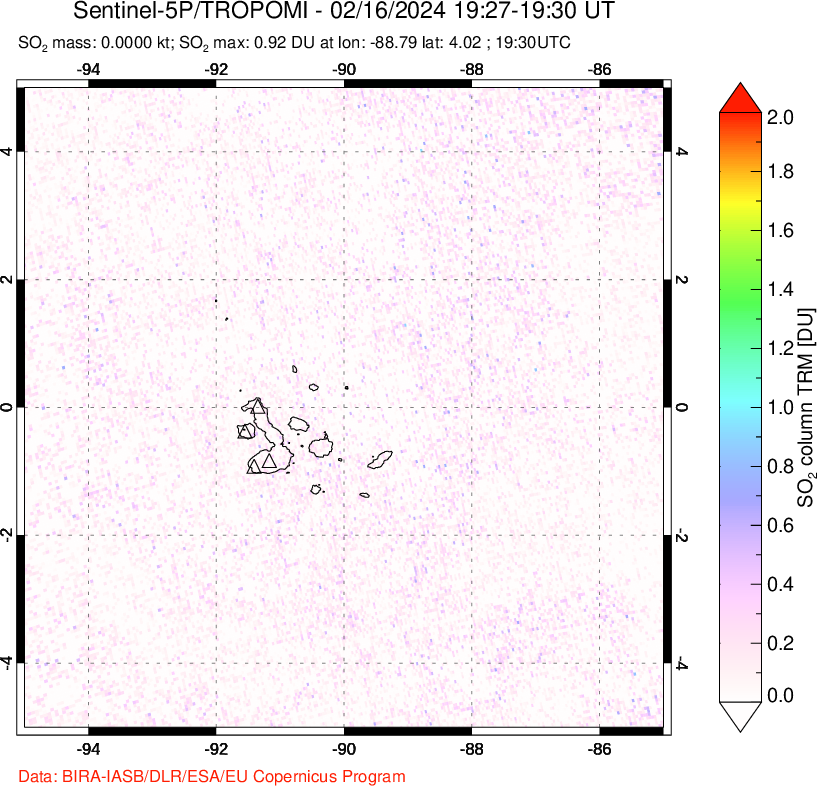 A sulfur dioxide image over Galápagos Islands on Feb 16, 2024.