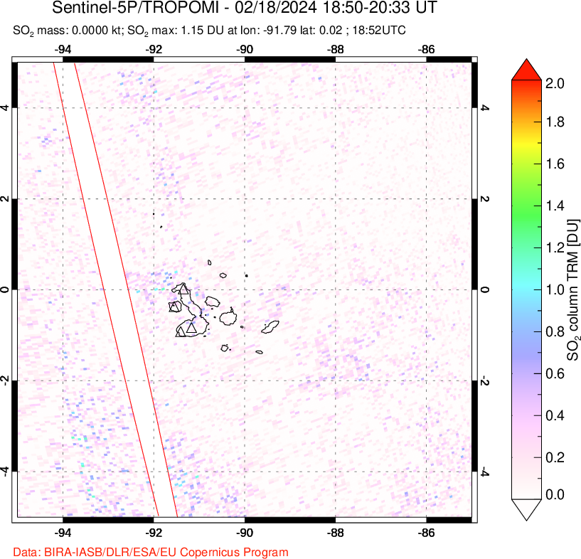 A sulfur dioxide image over Galápagos Islands on Feb 18, 2024.