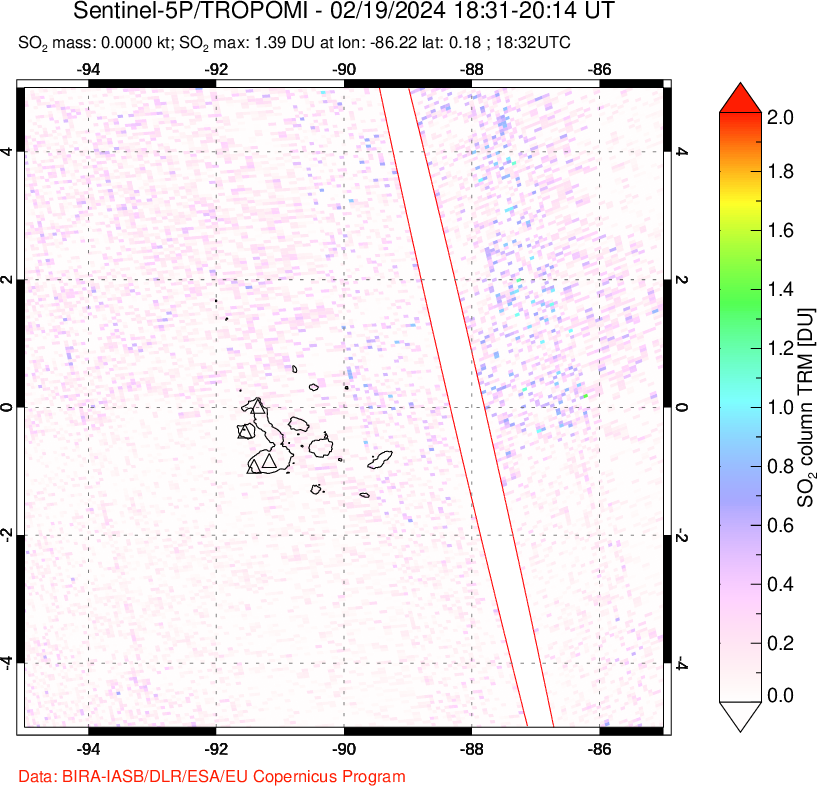 A sulfur dioxide image over Galápagos Islands on Feb 19, 2024.