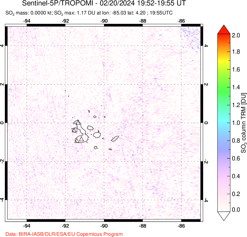 A sulfur dioxide image over Galápagos Islands on Feb 20, 2024.