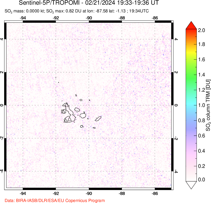 A sulfur dioxide image over Galápagos Islands on Feb 21, 2024.