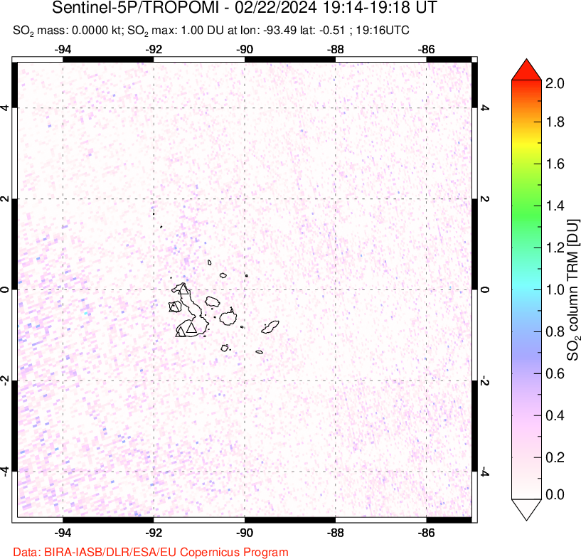 A sulfur dioxide image over Galápagos Islands on Feb 22, 2024.