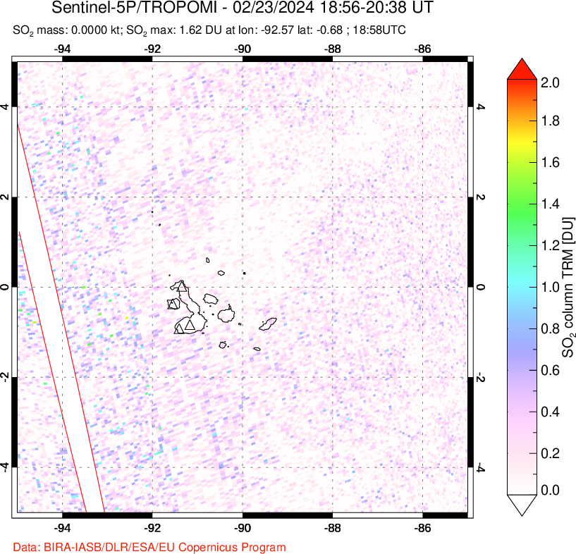 A sulfur dioxide image over Galápagos Islands on Feb 23, 2024.