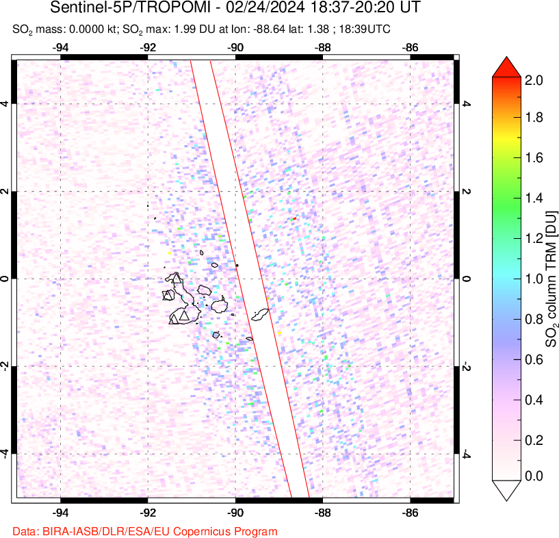 A sulfur dioxide image over Galápagos Islands on Feb 24, 2024.