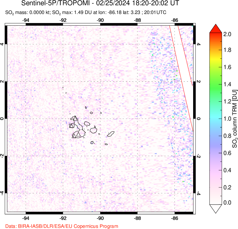 A sulfur dioxide image over Galápagos Islands on Feb 25, 2024.