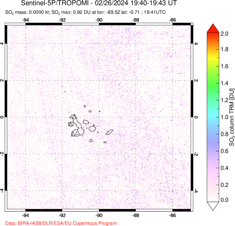 A sulfur dioxide image over Galápagos Islands on Feb 26, 2024.