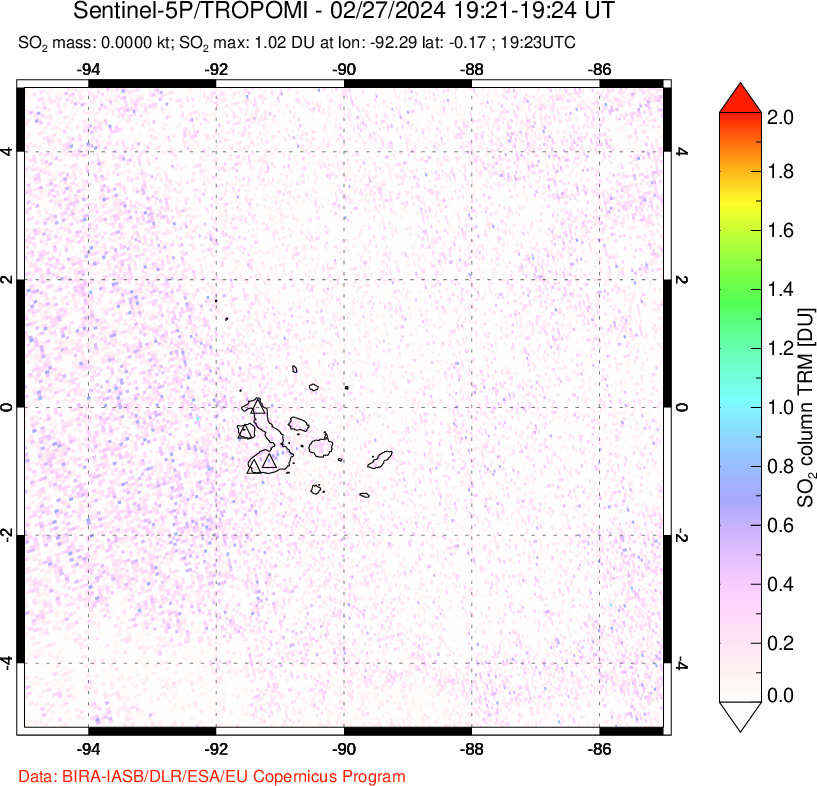 A sulfur dioxide image over Galápagos Islands on Feb 27, 2024.