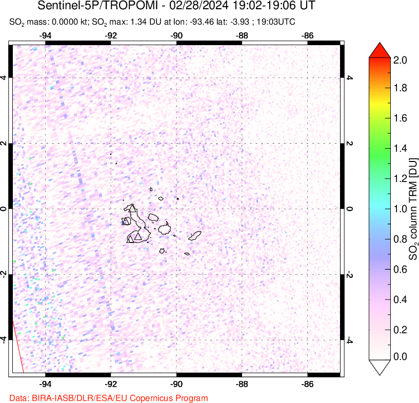 A sulfur dioxide image over Galápagos Islands on Feb 28, 2024.