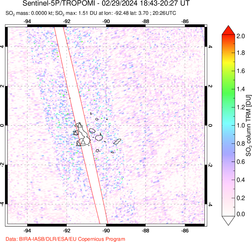 A sulfur dioxide image over Galápagos Islands on Feb 29, 2024.