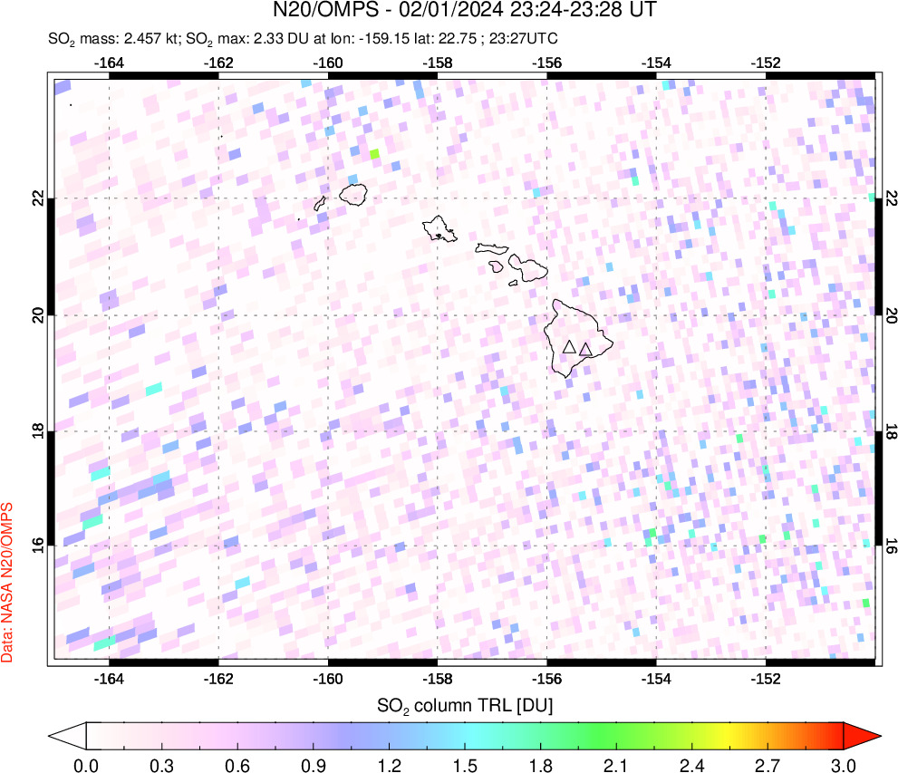 A sulfur dioxide image over Hawaii, USA on Feb 01, 2024.