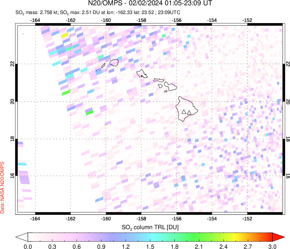 A sulfur dioxide image over Hawaii, USA on Feb 02, 2024.