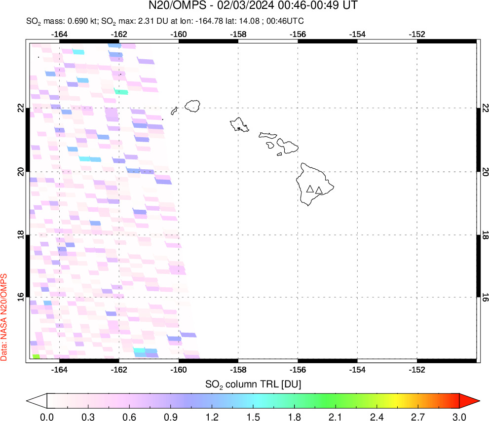 A sulfur dioxide image over Hawaii, USA on Feb 03, 2024.