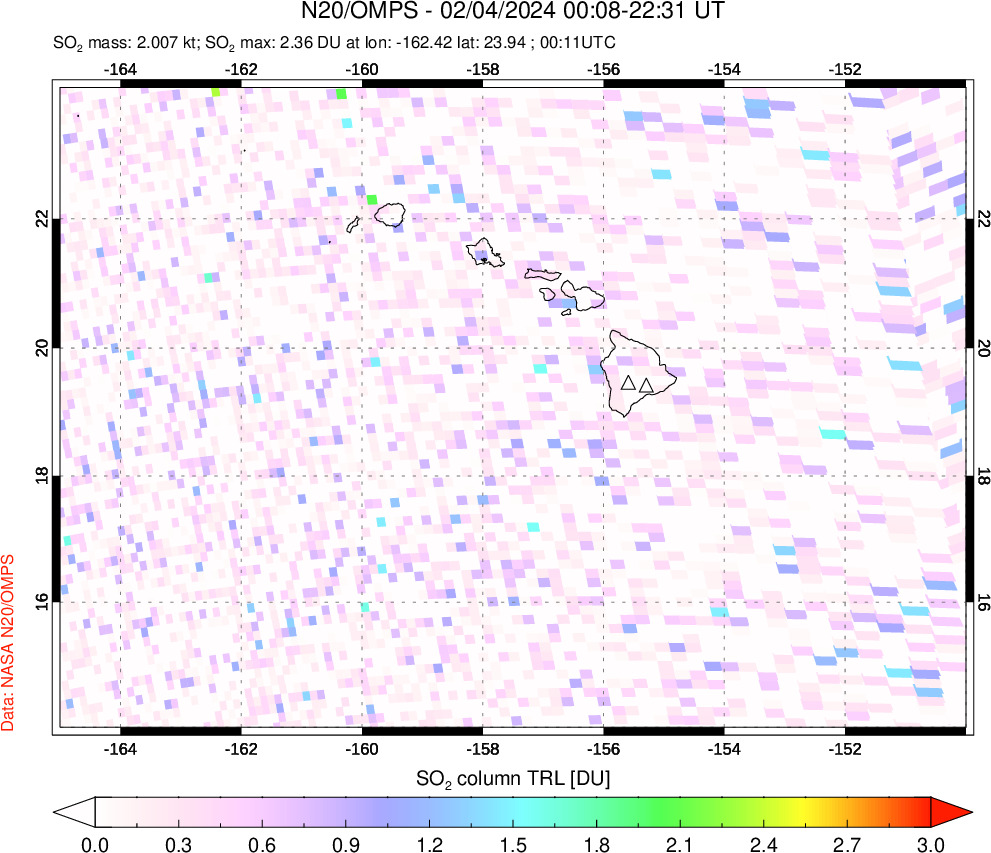 A sulfur dioxide image over Hawaii, USA on Feb 04, 2024.