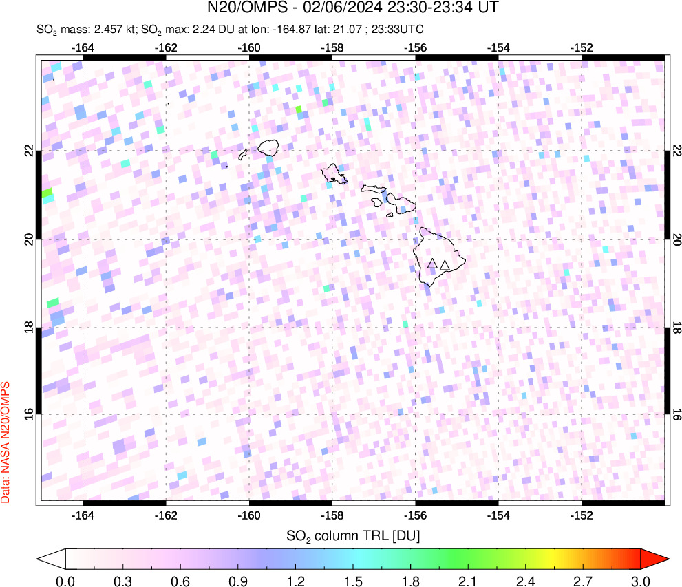 A sulfur dioxide image over Hawaii, USA on Feb 06, 2024.