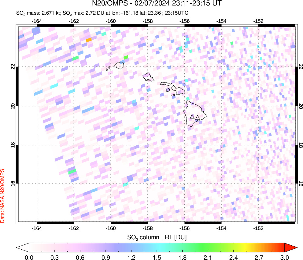 A sulfur dioxide image over Hawaii, USA on Feb 07, 2024.