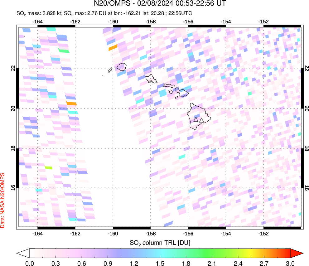 A sulfur dioxide image over Hawaii, USA on Feb 08, 2024.