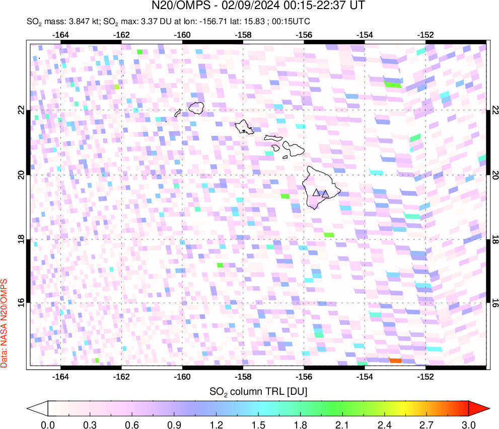 A sulfur dioxide image over Hawaii, USA on Feb 09, 2024.