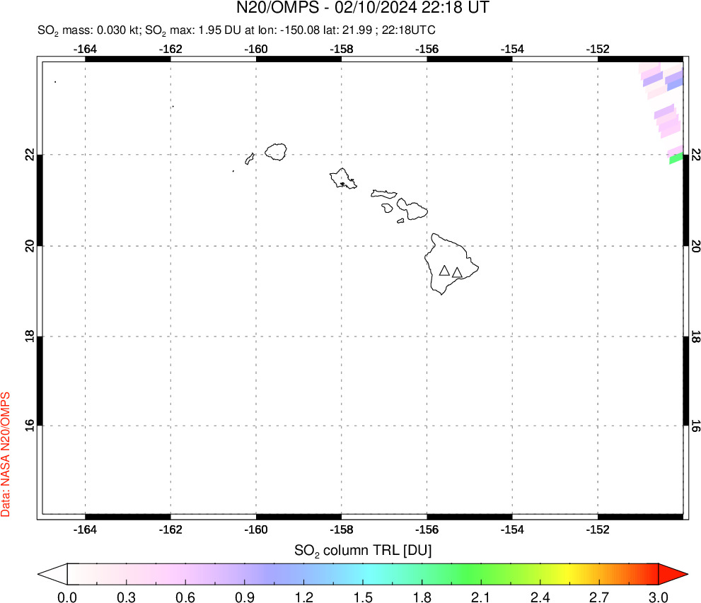 A sulfur dioxide image over Hawaii, USA on Feb 10, 2024.