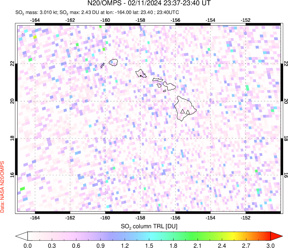 A sulfur dioxide image over Hawaii, USA on Feb 11, 2024.