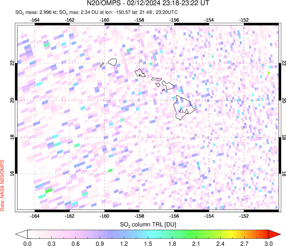 A sulfur dioxide image over Hawaii, USA on Feb 12, 2024.