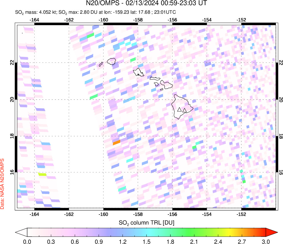 A sulfur dioxide image over Hawaii, USA on Feb 13, 2024.