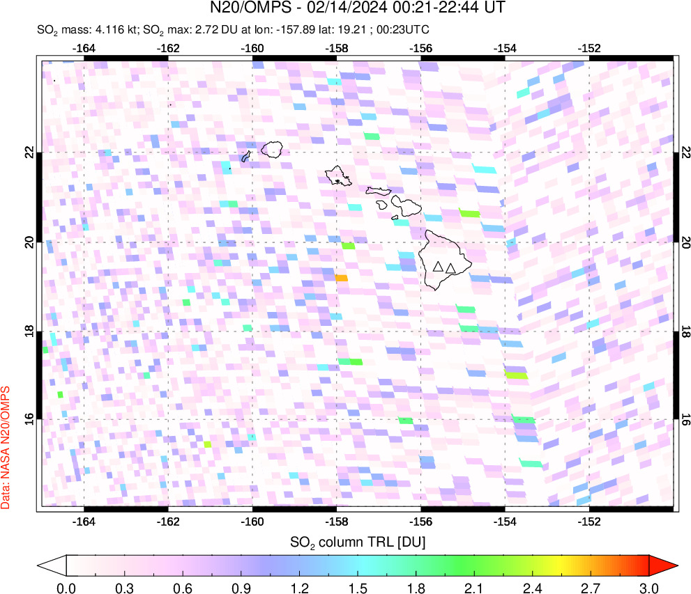 A sulfur dioxide image over Hawaii, USA on Feb 14, 2024.