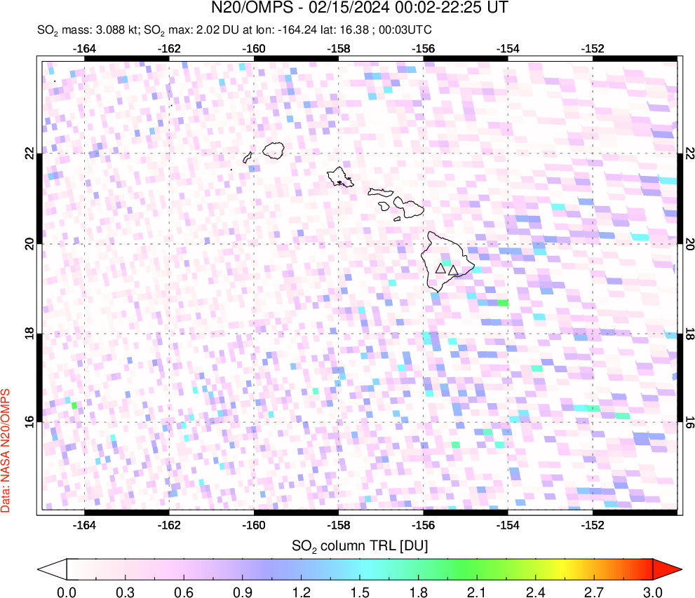 A sulfur dioxide image over Hawaii, USA on Feb 15, 2024.