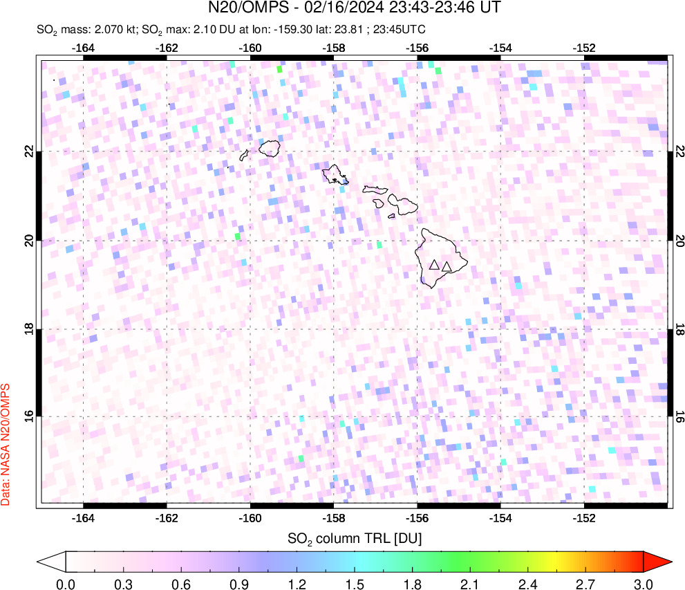 A sulfur dioxide image over Hawaii, USA on Feb 16, 2024.