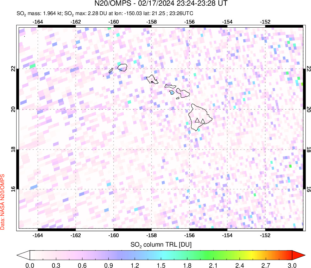 A sulfur dioxide image over Hawaii, USA on Feb 17, 2024.