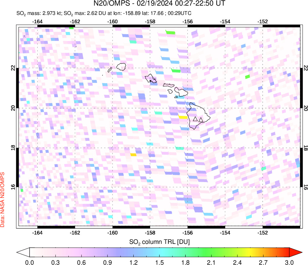 A sulfur dioxide image over Hawaii, USA on Feb 19, 2024.