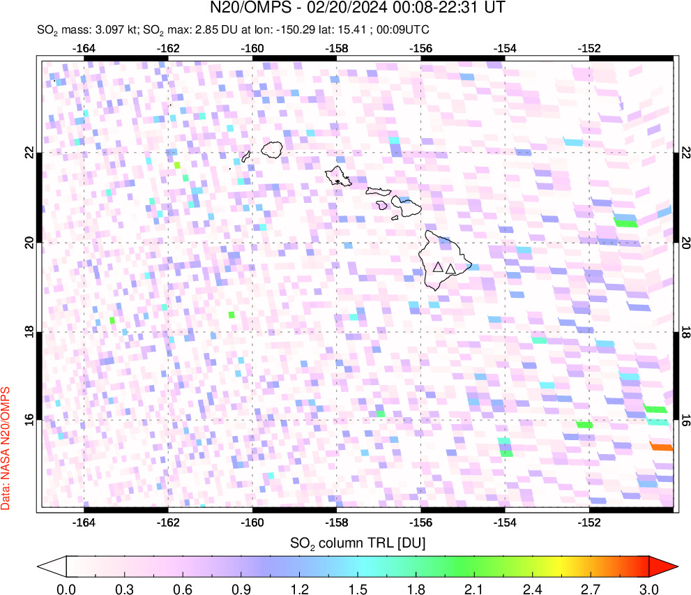 A sulfur dioxide image over Hawaii, USA on Feb 20, 2024.