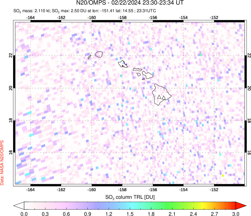 A sulfur dioxide image over Hawaii, USA on Feb 22, 2024.