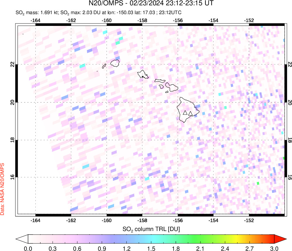 A sulfur dioxide image over Hawaii, USA on Feb 23, 2024.