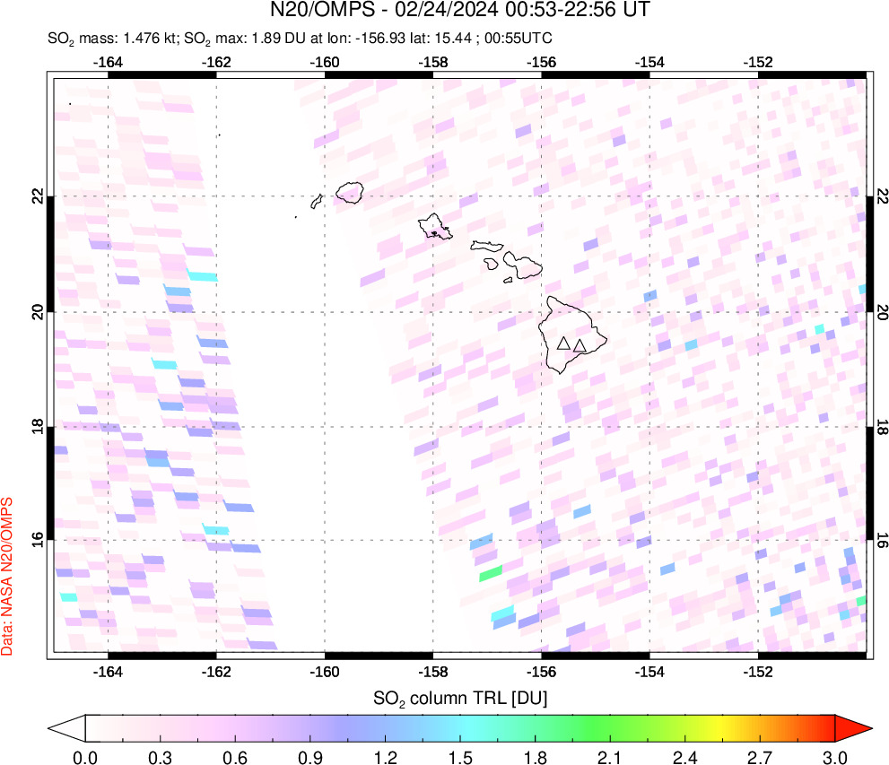 A sulfur dioxide image over Hawaii, USA on Feb 24, 2024.