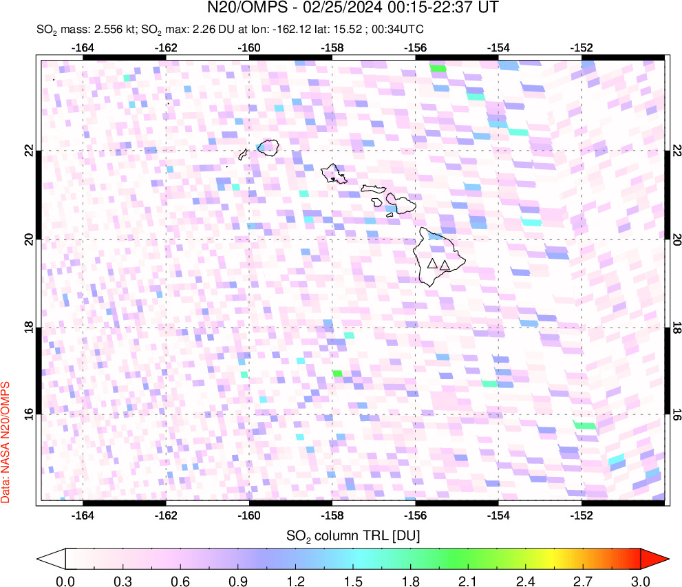 A sulfur dioxide image over Hawaii, USA on Feb 25, 2024.