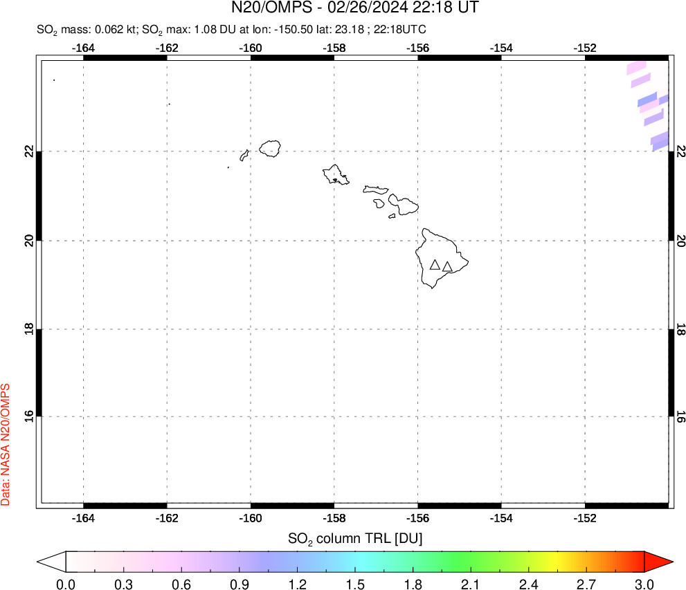 A sulfur dioxide image over Hawaii, USA on Feb 26, 2024.