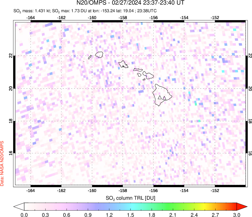 A sulfur dioxide image over Hawaii, USA on Feb 27, 2024.