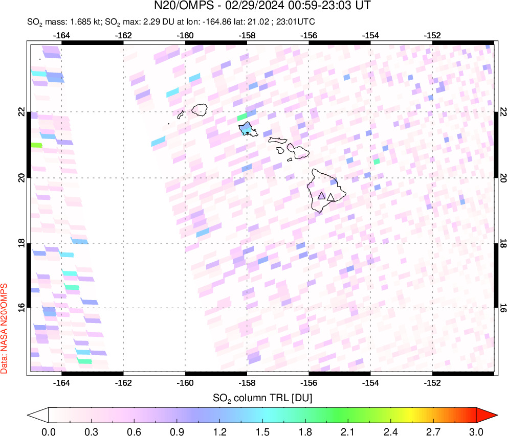 A sulfur dioxide image over Hawaii, USA on Feb 29, 2024.