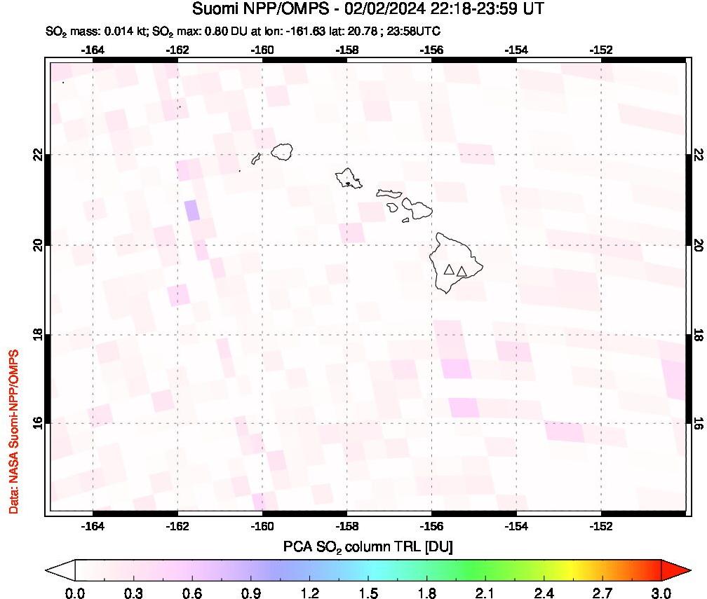 A sulfur dioxide image over Hawaii, USA on Feb 02, 2024.