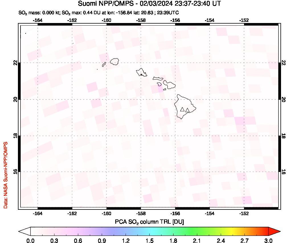 A sulfur dioxide image over Hawaii, USA on Feb 03, 2024.