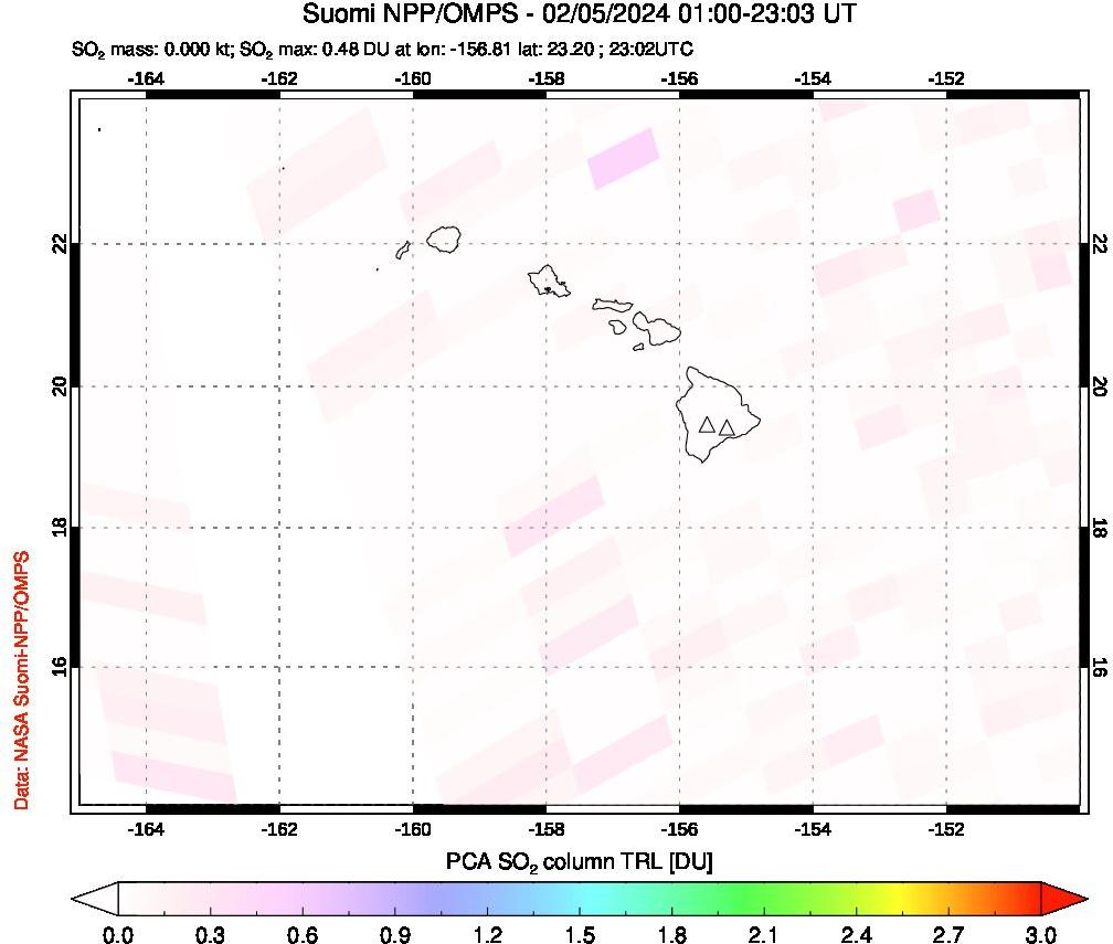 A sulfur dioxide image over Hawaii, USA on Feb 05, 2024.