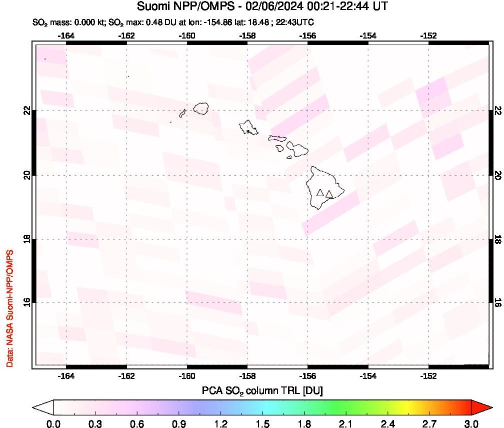 A sulfur dioxide image over Hawaii, USA on Feb 06, 2024.